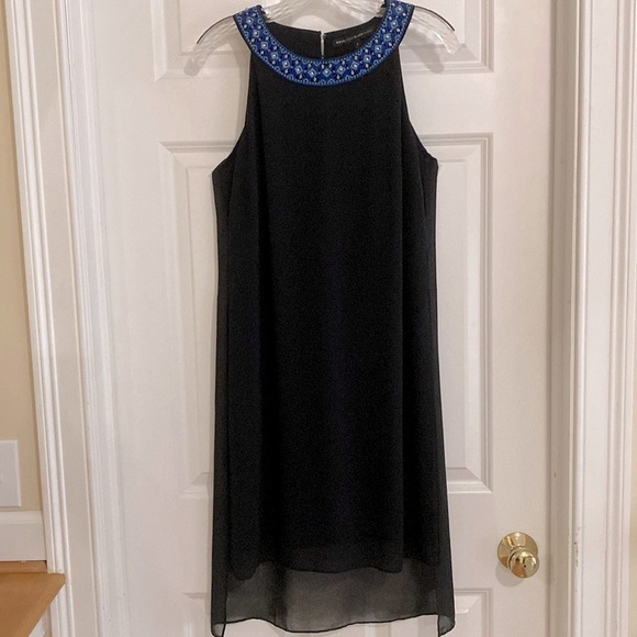 WHBM HI-LOW DRESS. SIZE 6. BLACK WITH BLUE EMBELLISHMENT AT NECKLINE. WORN ONCE! - Picture 1 of 8